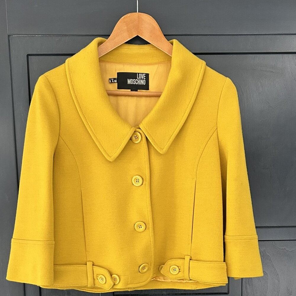 Love Moschino Yellow Blazer Size 4 | Bell-Shaped | Big Buttons & Belt Detail